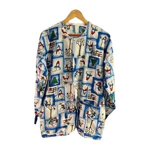 Vintage Christmas Snowman Scrub Jacket Cotton Snap Front Winter Holiday